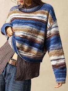 Bohemela Women's Casual Loose Striped Round Neck Drop Shoulder Long Sleeve Sweater, Autumn/Winter - Multicolor - View 3