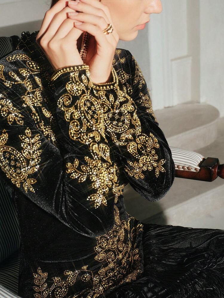 Women's Elegant Christmas & Halloween Vintage Luxury Black Velvet Gold Embroidery Rhinestone Decor Stand Collar Long Sleeve Layered Tassel Hem Fitted Mid-Length Dress, Suitable For Fall, Winter, New Year, Party, Wedding, Elegant, Chic, Black, Stylish, Evening Dress