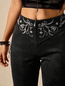 Easelle 花卉刺绣优雅女式喇叭裤 - 黑色 - 查看 5