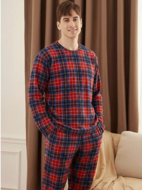 Conjunto pijama para hombre pantalón y playera manga larga diseño cuadros rojo azul