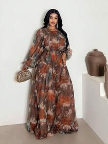 Maweii Macacão feminino plus size com estampa floral, gola redonda, manga lanterna, perna larga