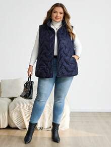 SHEIN CURVE+ معطف كاجوال بدون أكمام مبطن مع جيوب وسحاب أمامي، لون أحادي مناسب للارتداء اليومي في الشتاء للمقاسات الكبيرة