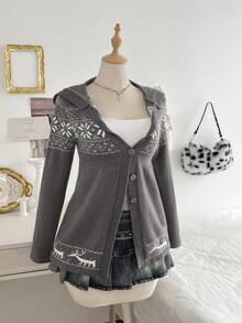 Elamini 女式雪花图案长袖连帽针织开衫，秋冬 - 彩色 - 查看 1