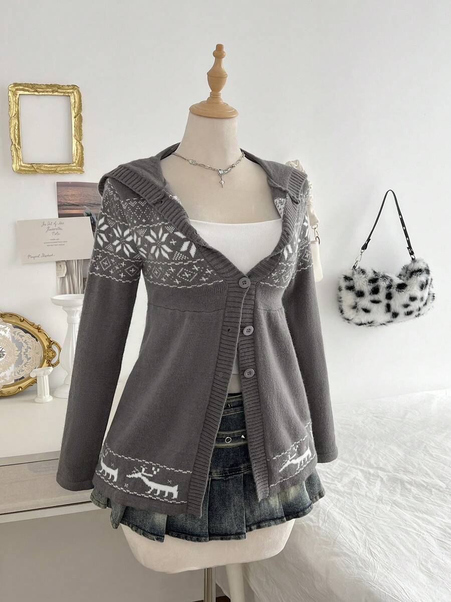 Elamini 女式雪花图案长袖连帽针织开衫，秋冬 - 彩色 - 查看 1