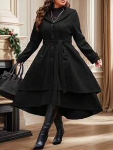 SHEIN Clasi معطف صوفي طويل للنساء ذوات الحجم الكبير بلون أحادي، متعدد الاستخدامات، مزود بقلنسوة وحاشية مزدوجة - الأسود - مشاهدة 3