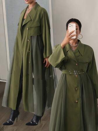 Slaydiva 2025新款加大码女装冬季宽松军绿色编织拼接网纱西装领带双腰带A字摆中长款外套风衣夹克，适合女士圣诞节/新年/优雅派对/女士优雅着装/日常穿着/宴会/商务女士/机场/女士感恩节等场合穿着。