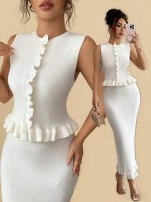 SHEIN Raffinéa French Vintage Co-Ords 仿兔毛优雅休闲工作日百搭无袖针织上衣，带荷叶边和配套的修身荷叶边下摆半身裙套装（白色），春/秋/冬女装，复古，工作服，办公室装，教师装，返校装，秋季，商务休闲，复古风，学院风 - 白色 - 查看 6