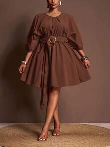 Veslaya Đầm công sở thanh lịch mùa Xuân/Hè & Đầu Thu, kiểu dáng sang trọng tinh tế cho các buổi gặp gỡ, hẹn hò, lễ tốt nghiệp, tiệc sinh nhật, màu nâu trơn, tay áo phồng rộng có dây rút ở eo, dáng chữ A xếp ly, cài cúc họa tiết da báo, đầm ngắn cỡ lớn. - Rỉ Nâu - Xem 4