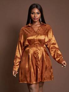 Slaydiva Burnt Orange Plus Size Elegant Autumn Party Wedding Floral Textured Lustrous Satin Collared Long Sleeve Cinched Waist A-Line Mini Dress, Rust Bronze Woven - Brown - View 4