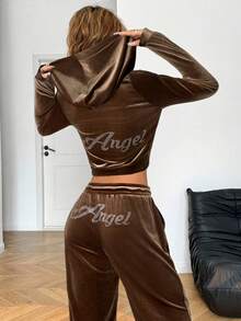 SHEIN EZwear Casual Mocha Brown Velvet Women's Two-Piece Set Featuring A Long Sleeve Hooded Jacket With Zipper And Letter Print Sweatpants Long Sleeve Two Piece Set Brown Two Piece Set Women 2 Piece Lounge Sets Woman 2 Piece Casual Sets Woman Chill 2 Piece Set Two Piece Casual Set - Mocha Brown - View 2