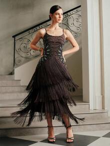 Anewsta 女士时尚新款性感亮片流苏露背优雅舞会礼服，适合新年、派对、婚礼等场合 - 咖啡 - 查看 6