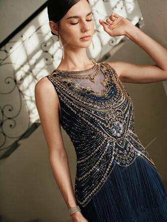 Anewsta Robe sans manches de luxe Top de gamme à franges et perles pour femmes, convenant à l'automne, l'hiver, l'été, le Nouvel An, les fêtes, les mariages. Élégante, chic, , pour Noël, brillante, pour le Réveillon du Nouvel An