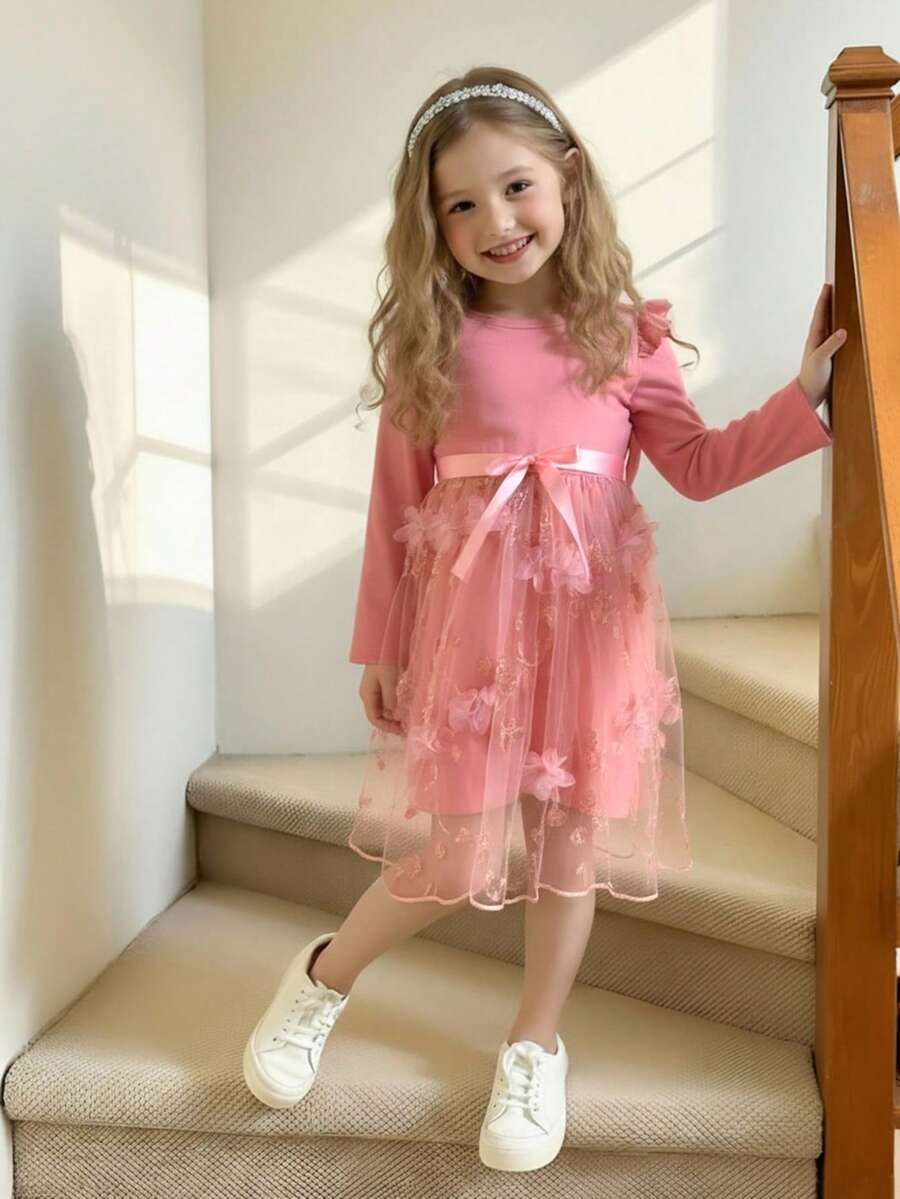 Elladie kids Young Girl New Style Round-Neck Knit Top Mesh A-Line Dress - Pink - View 1