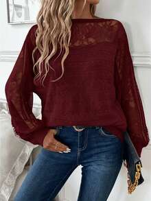 SHEIN Clasi Women's Lace Trim Patchwork Pullover Sweater/Winter - Burgundy - View 6