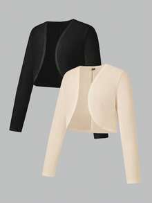 SHEIN EZwear 2pcs Black & Beige Short Sleeve Plus Size Jacket Set Autumn Winter Clothes For Women - Multicolor - View 1