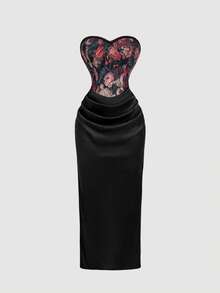 SHEIN MOD Vestido de satén negro con corte en la cintura y estampado jacquard vintage - Multicolor - Ver 5