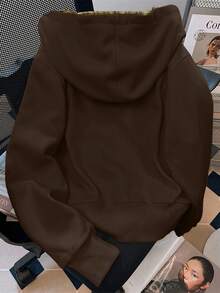 EMERY ROSE Fashionable Casual Style Long Sleeve Plaid Collar Zipper Letter Print Sweatshirt For Women - Coffee Brown - View 2