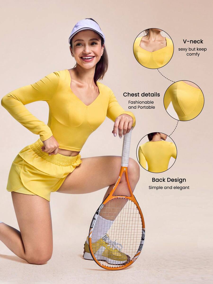 Core Rhythm T-shirt athlétique à manches longues coupe slim et taille courte, couleur unie et décontractée - Jaune citron - Voir 1