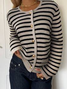 SHEIN EZwear 黑色和米色条纹针织开衫，正面带纽扣，女士休闲秋冬装 - 卡其色 - 查看 4