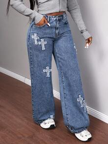 Slaydiva Women's High Waist Cross Patch Pocket Wide Leg Loose Casual Jeans Jeans With Designs Jeans With Bows Jeans Y2k - Multicolor - View 6