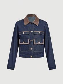 Selenza 女式休闲纽扣长袖牛仔夹克 - 藍色 - 查看 6