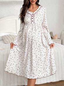 Moonlight&Mama 波点碎花V领孕妇睡裙，冬季 - 彩色 - 查看 4