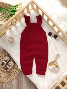 SHEIN 1 件婴儿连体衣，带荷叶边肩带，刺绣连体衣，时尚甜美