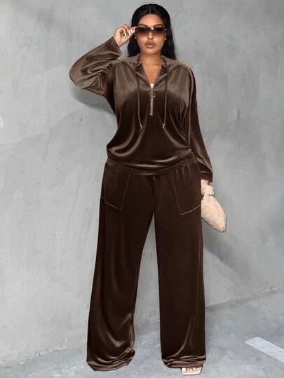 Slaydiva Podzim/Zima 2025 Nové Neformální Sportovní Základní a denní nošení Neformální a domácí ležérní Jednobarevná hnědá volná mikina s kapucí a volné široké kapsy na nohavicích Super dlouhé kalhoty sametová tkanina Dámská nadměrná velikost 2 kusy