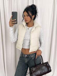 SHEIN EZwear 女士厚垫背心夹克，休闲 - 米色 - 查看 4