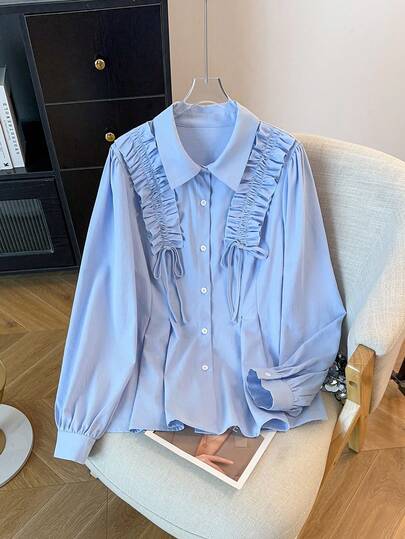 Regalyn Plus Size Women Elegant Long Sleeve Floral Lace Bowknot Blue Shirt Elegant Lace Blue Top