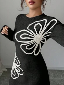 Elenzga Đầm len dài tay cổ tròn họa tiết hoa Colorblock dành cho nữ - màu đen - Xem 7