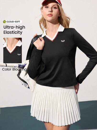 CourtClass Casual Versatile Contrast Color Graphic V-Neck Yoga Sports Polo Shirt Long Sleeve Tops Golf Tops For Woman