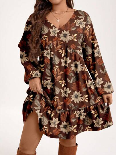 EMERY ROSE Abito ampio da donna casual da vacanza, con stampa all-over, scollo a V, maniche a lanterna e balze sul fondo, adatto per primavera/autunno, taglie comode