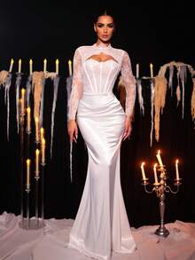 Glamrae 优雅法式编织长袖立领双层罩杯可调节抽绳腰部褶皱美人鱼下摆连衣裙，适合婚礼、礼物、联欢会、下午茶会和各种场合 - 白色 - 查看 1