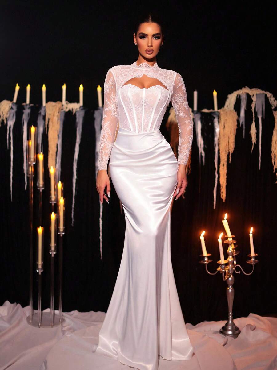 Glamrae 优雅法式编织长袖立领双层罩杯可调节抽绳腰部褶皱美人鱼下摆连衣裙，适合婚礼、礼物、联欢会、下午茶会和各种场合 - 白色 - 查看 1