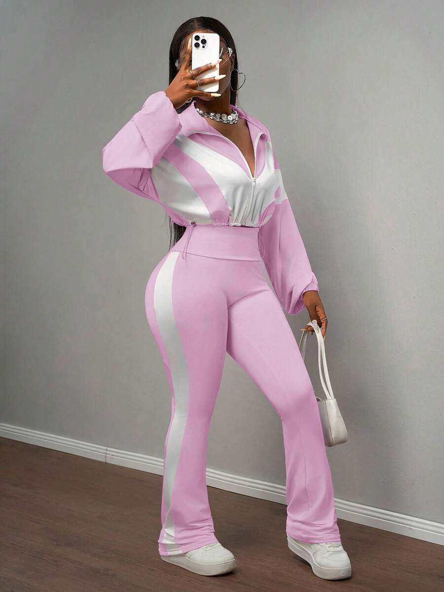 Slaydiva 2025新款早秋休闲简约日常约会运动风瑜伽服小立领前中拉链落肩白色拼接浅紫色下摆抽绳长袖上衣+紫色喇叭裤侧边白色拼接瑜伽裤针织套装女两件套-B