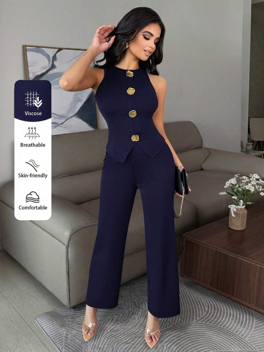Vavine Elegant Business Casual Women's Outfit, Metal Button Decor Sleeveless Stretchy Fitted Sexy Camisole And Pants Black 2 Pieces Set - Royal Blue - View 1