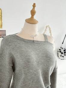 Elamini 女士休闲纯色露肩宽松长袖毛衣 - 灰色 - 查看 4