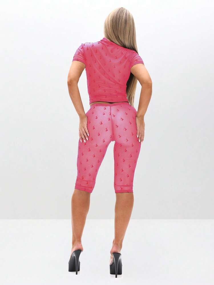 BABYPHAT Top Transparente de Gola Alta e Manga Curta com Estampa de Logotipo de Gato