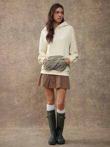 WESTFADE Cotton Blend Fleece & Embroidered Plaid Mixed Media Relaxed Fit Hoodie Cute Fall Knit Top, Autumn, Winter, Casual, Holiday, Thanksgiving, Christmas, Boho, Country Western - Multicolor - View 5