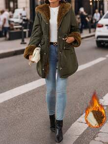 Editum 女士优雅装饰仿毛领长袖抓绒外套，冬季加厚，特大号毛领，圣诞节冬季舒适保暖，适合秋冬季节、新年、感恩节等优雅场合穿着 - 墨綠色 - 查看 7