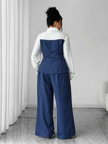 Elenzga 2 件商务休闲优雅女装：单排扣条纹衬衫 + 裤子，适合秋季办公室通勤 - 藍色 - 查看 2