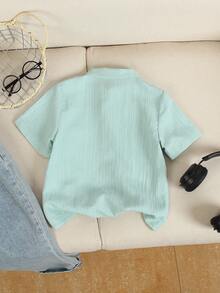 SHEIN Streecool Kids Young Boy Solid Color Short Sleeve Single-Breasted Casual Shirt - Lime Green - View 2