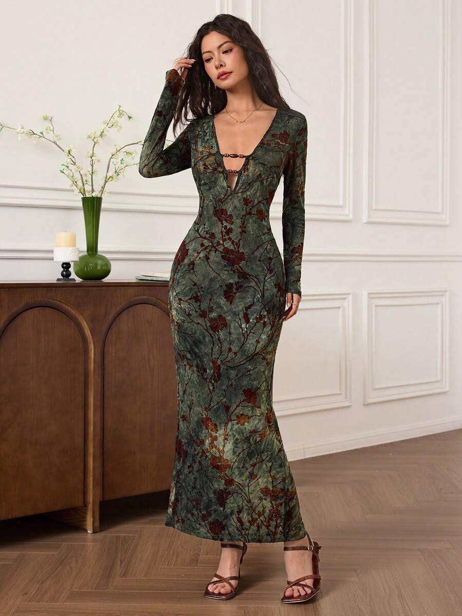 EastFlair 女式花卉印花深V领长袖修身性感长裙