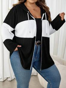 SHEIN CURVE+ Áo khoác trùm đầu màu tối giản thường ngày cỡ lớn cho nữ, Áo khoác ngoài mùa thu cho nữ - Đen và trắng - Xem 4