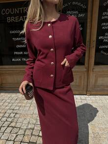 Elyressa Bộ 2 món áo khoác kim loại dài tay một hàng khuy và chân váy midi thường ngày cho nữ, mùa thu - Màu xanh lam - Xem 4