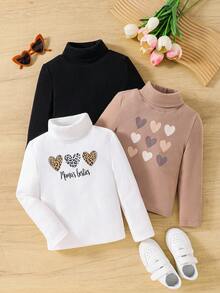 SHEIN Bộ 3 áo thun cổ tròn tay dài dệt kim co giãn màu trơn dành cho bé gái, nhiều kiểu, họa tiết trái tim, thích hợp mặc thường ngày & đi học vào mùa thu đông, không thể thiếu, đa năng, phù hợp cho cả mẹ và con gái - Nhiều màu - Xem 6