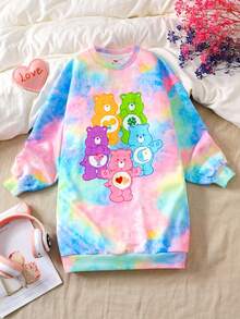 SHEIN X Care Bears 青少年女孩休闲针织扎染卡通熊印花圆领长袖运动衫连衣裙