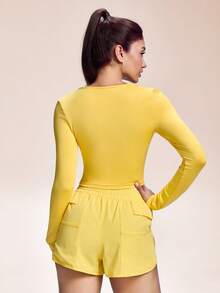 Core Rhythm T-shirt athlétique à manches longues coupe slim et taille courte, couleur unie et décontractée - Jaune citron - Voir 2