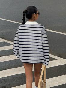 Muchica 女士休闲通勤学院风刺绣条纹印花撞色 Polo 领长袖 T 恤，春秋季 - 灰色 - 查看 2